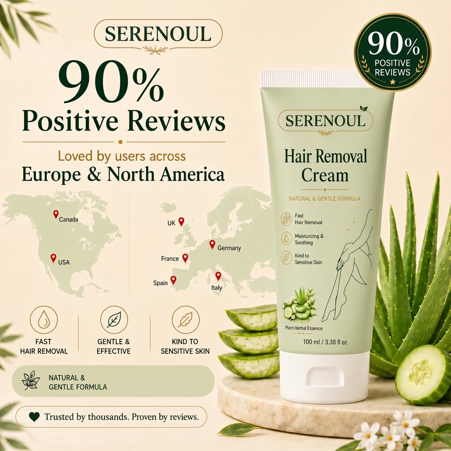 SERENOUL™ Natural Gentle Hair Removal Cream | For Women & Men, Sensitive Skin